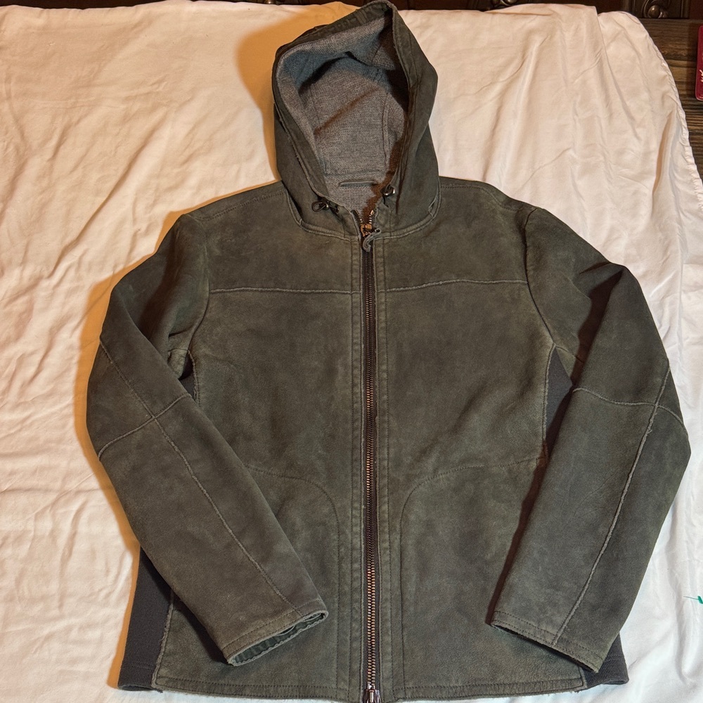 Gino’s Luxury Leather & Sweater jacket hooded Italian SZ Med Deep Green & Black